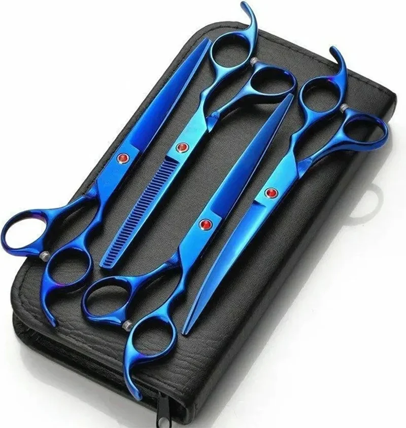 Valkyrie 8 Piece 7.0 Inch 18 cm Blue Pet Shop Pet Cat Dog Shaving Hairdressing Scissors Set with Leather Bag