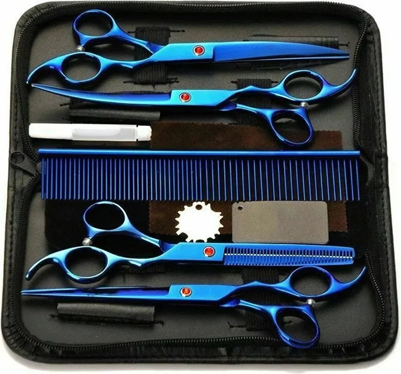 Valkyrie 8 Piece 7.0 Inch 18 cm Blue Pet Shop Pet Cat Dog Shaving Hairdressing Scissors Set with Leather Bag