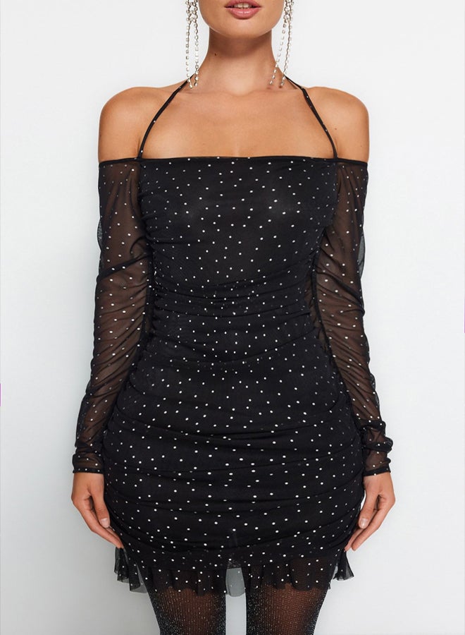 trendyol Black Polka Dot Fitted Lined Draped Tulle Short Evening Dress Night Graduation - Image 4
