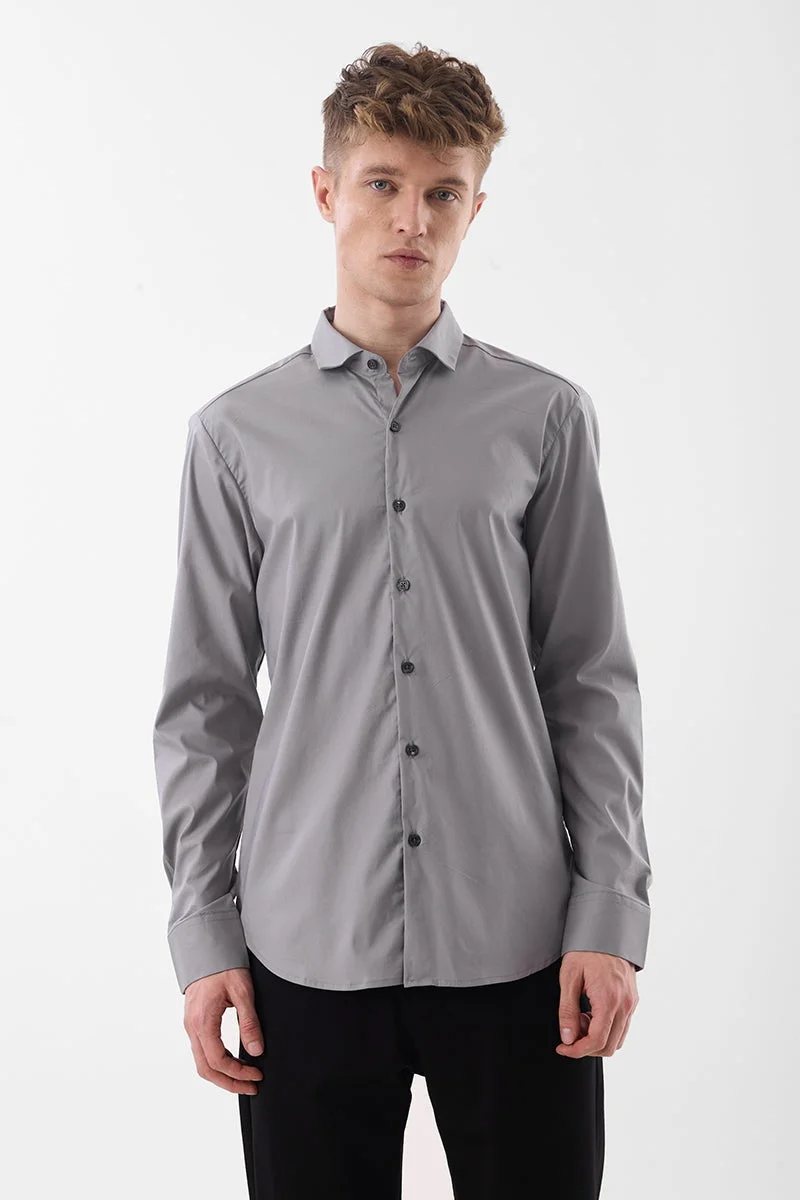 SNITCH Grey Solid Long Sleeve Slim Fit Luxe Shirt