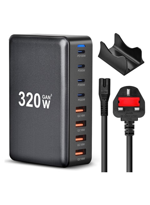 320W USB-C Charger, 8-Port Fast Charging Station, Type-C Hub, PD 100W, 65W, 20W Laptop Adapter for iPhone 14/13/12 Pro Max, iPad, Samsung