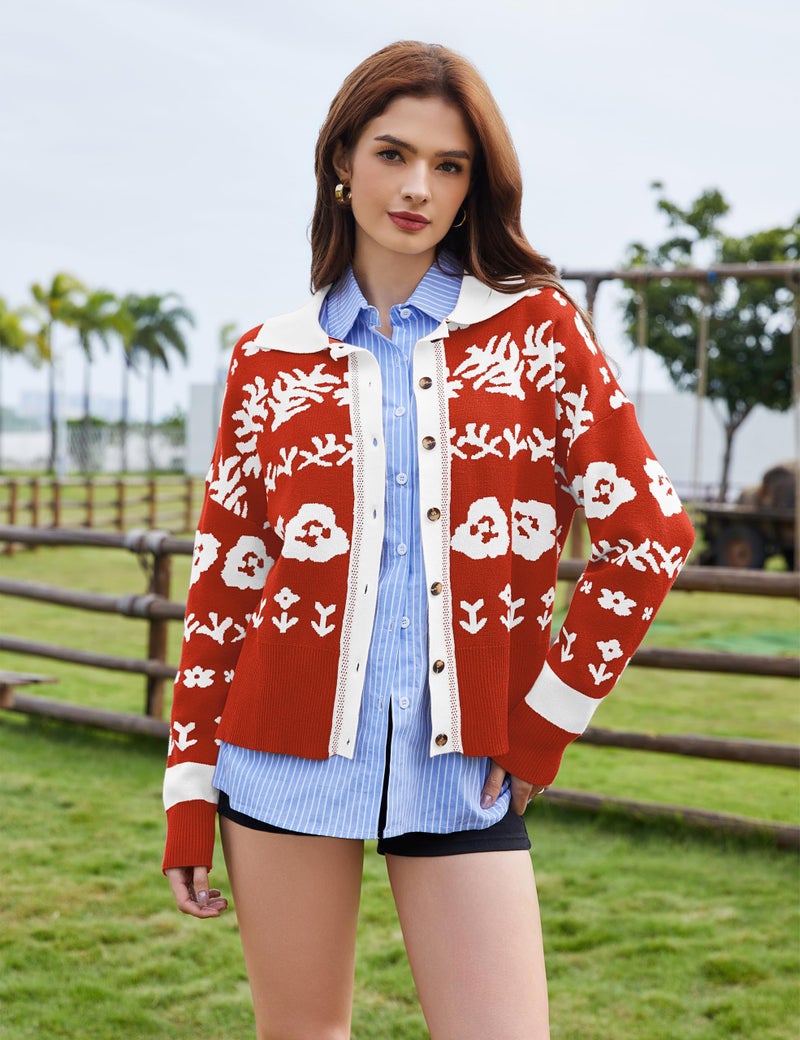 MISSACTIVER Floral Print Button Down Cardigan Sweaters for Women Long Sleeve V Neck Open Front Knit Crop Tops Fall Jacket Red - Image 3