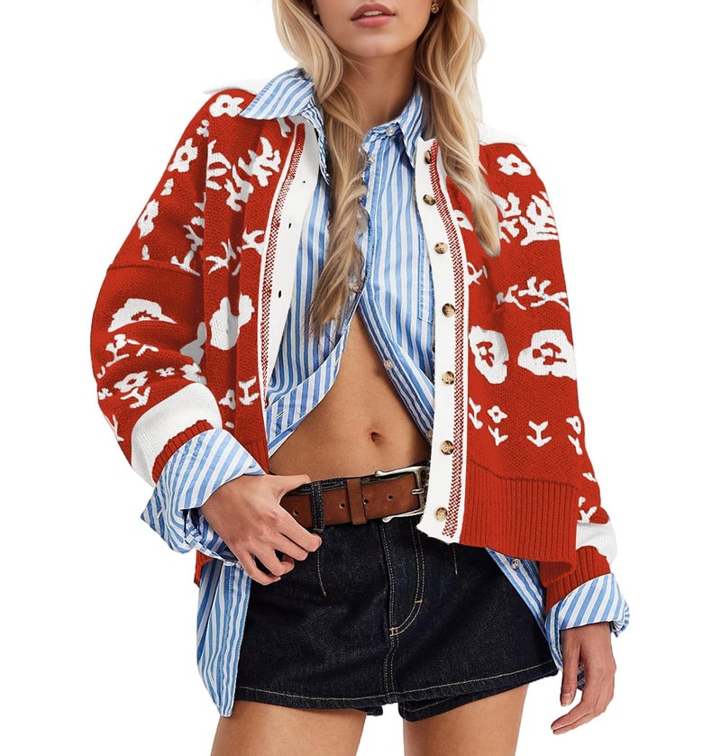 MISSACTIVER Floral Print Button Down Cardigan Sweaters for Women Long Sleeve V Neck Open Front Knit Crop Tops Fall Jacket Red - Image 1