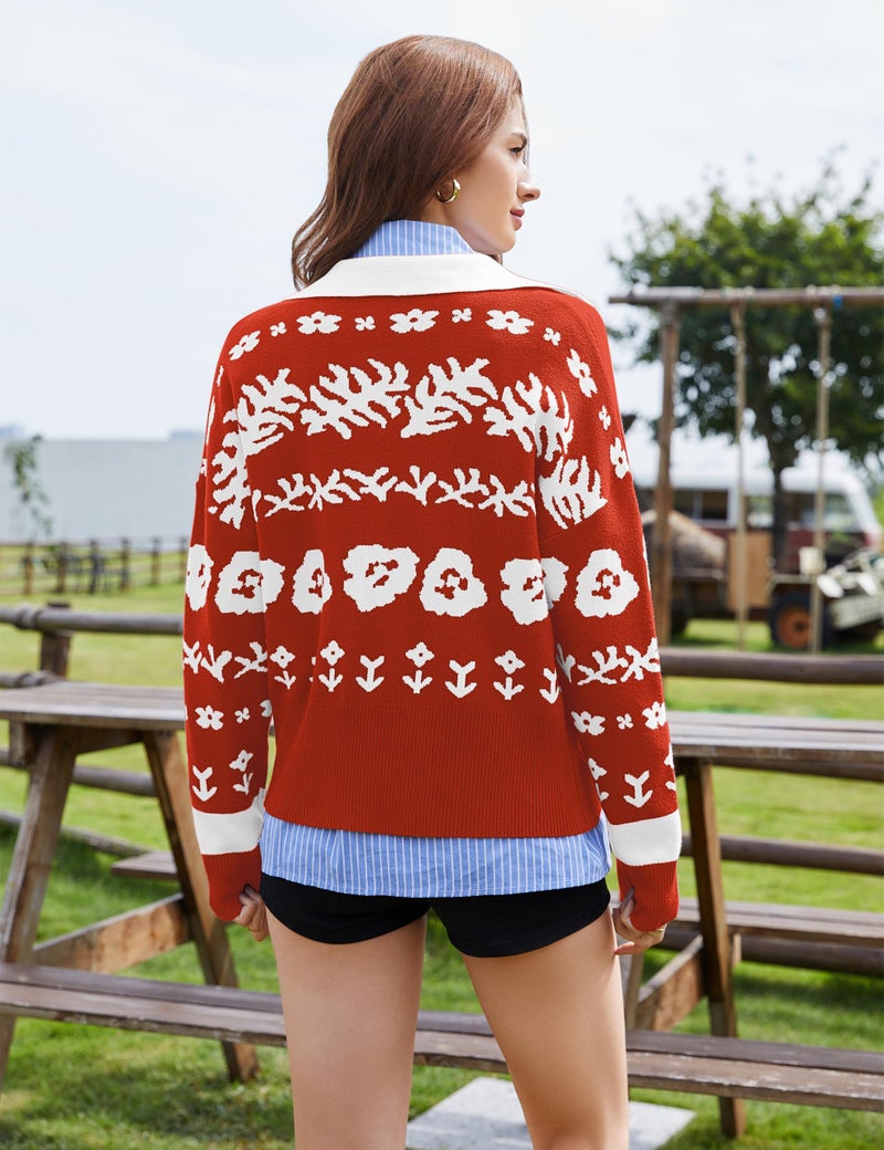 MISSACTIVER Floral Print Button Down Cardigan Sweaters for Women Long Sleeve V Neck Open Front Knit Crop Tops Fall Jacket Red - Image 4