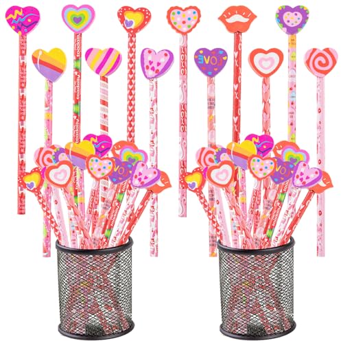 Jocomoni 24 Pieces Valentines Pencil Heart Wood Pencils with Giant Heart Shaped Eraser for Valentine‘s Day Bag Filler Gift Prize Party Favor Classroom Reward - Image 1