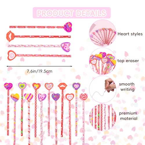 Jocomoni 24 Pieces Valentines Pencil Heart Wood Pencils with Giant Heart Shaped Eraser for Valentine‘s Day Bag Filler Gift Prize Party Favor Classroom Reward - Image 2