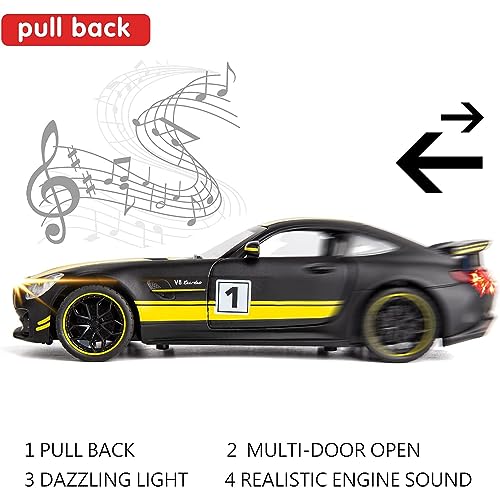 DEZICON 1:24AMG GTR Toy Car for Kids Diecast Metal Cars Light Sound Pullback Openable Door, Black - Image 3