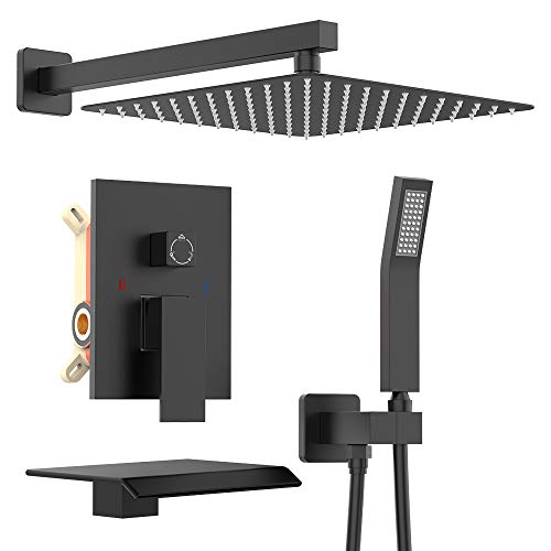 KOJOX 12 Inch Shower System with High Pressure Rainfall Shower Head, Handheld Shower Head, Bathtub Faucet Spout Trim Kit and 3 Function Shower Faucet valve Set Matte Black - Image 1