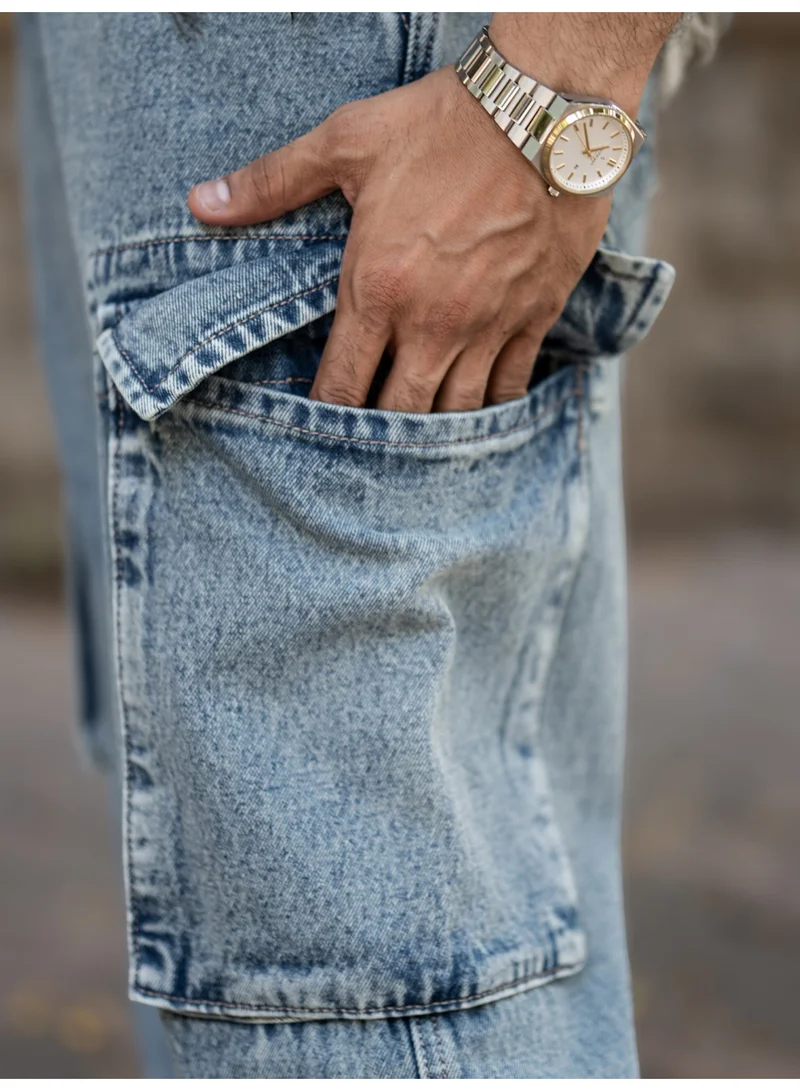 Maniac  Maniac Mens Solid Baggy Retro Cloud Denim Fabric Cargo Jean for Men | Best Price UAE