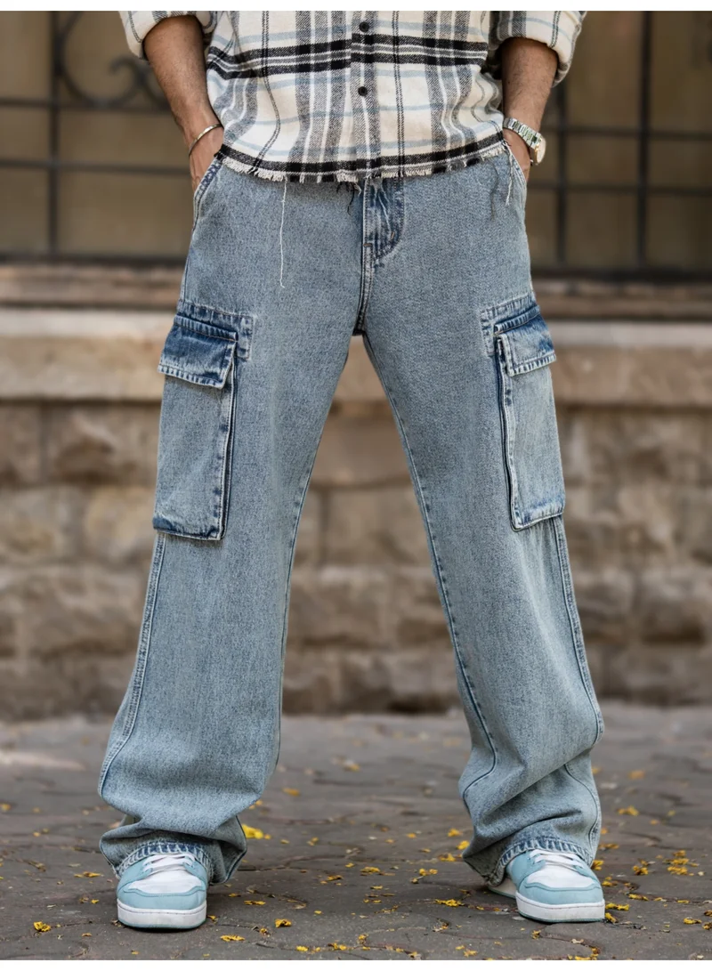 Maniac Maniac Mens Solid Baggy Retro Cloud Denim Fabric Cargo Jean