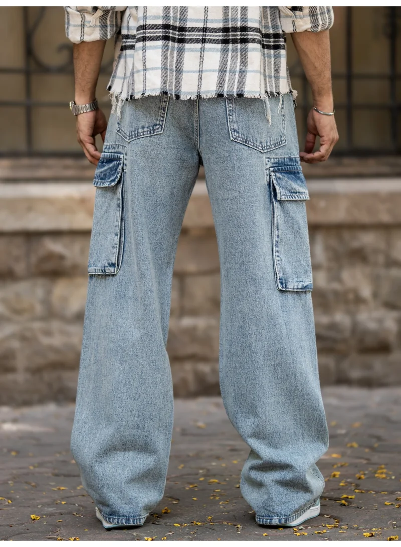 Maniac Maniac Mens Solid Baggy Retro Cloud Denim Fabric Cargo Jean