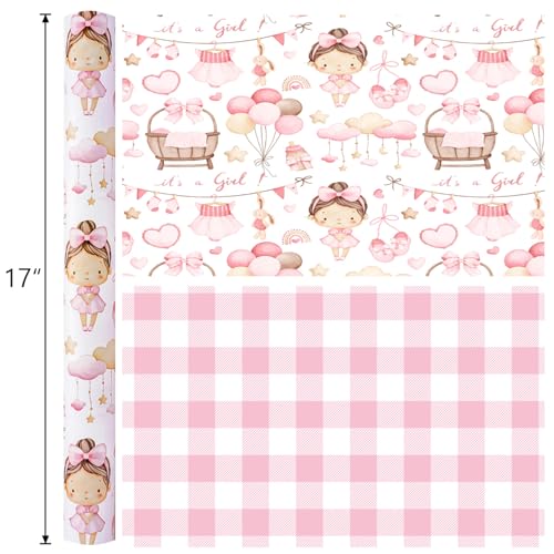 Yarcony Baby Girl Wrapping Paper, Pink Wrapping Paper for Baby Shower, Cute Plaid & It's a Girl Gift Wrap for 1st Birthday, Princess Party Celebrations, Kids Holiday (Mini Roll, 17 In X 33 Ft) - Image 3