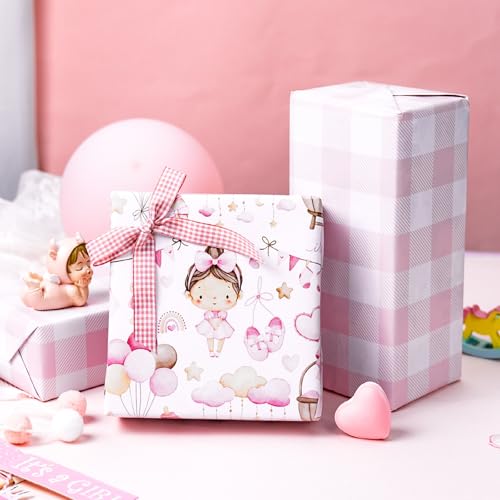 Yarcony Baby Girl Wrapping Paper, Pink Wrapping Paper for Baby Shower, Cute Plaid & It's a Girl Gift Wrap for 1st Birthday, Princess Party Celebrations, Kids Holiday (Mini Roll, 17 In X 33 Ft) - Image 4