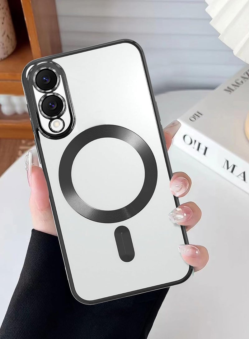 Wtech Samsung Galaxy S25 Edge 5G 2025 Magsafe PU Luxury Plating Raised Lips Camera Hole With Camera Lens Protection Case Cover - Clear/Black - Image 4