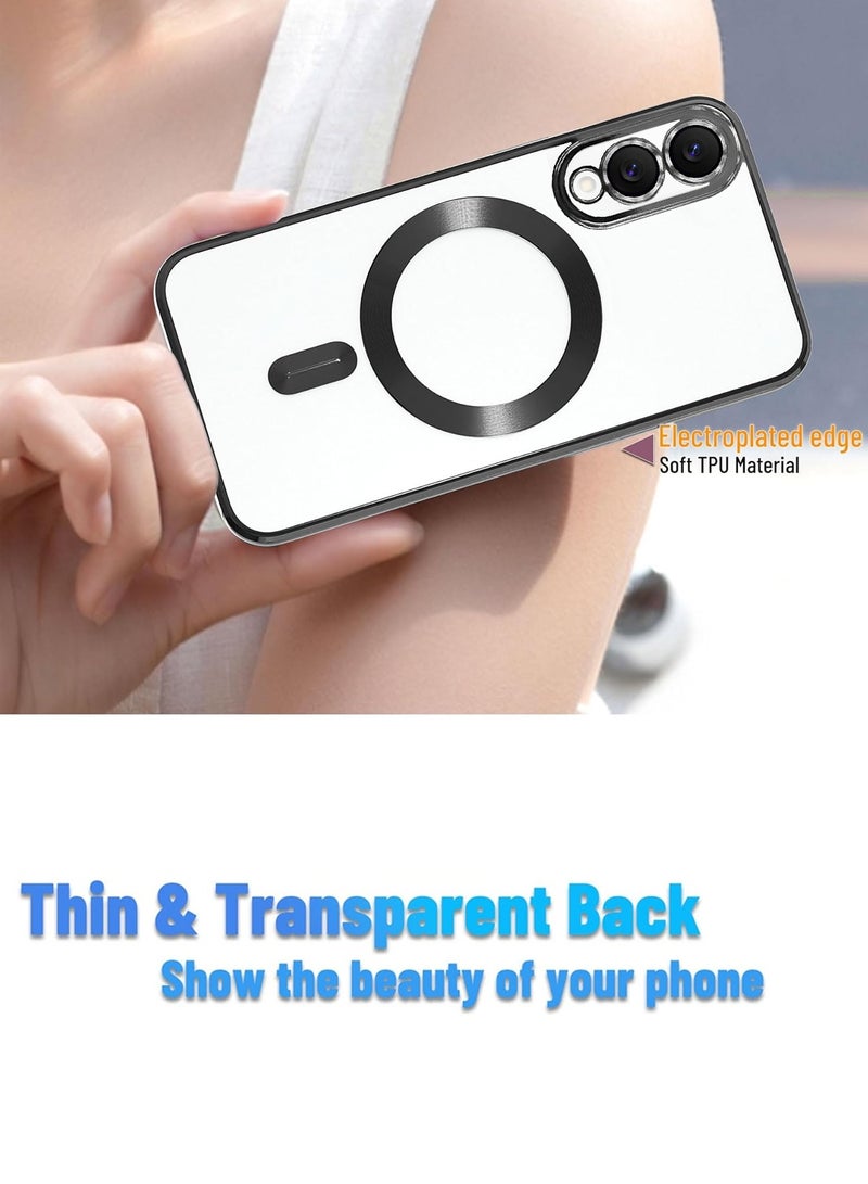 Wtech Samsung Galaxy S25 Edge 5G 2025 Magsafe PU Luxury Plating Raised Lips Camera Hole With Camera Lens Protection Case Cover - Clear/Black - Image 2