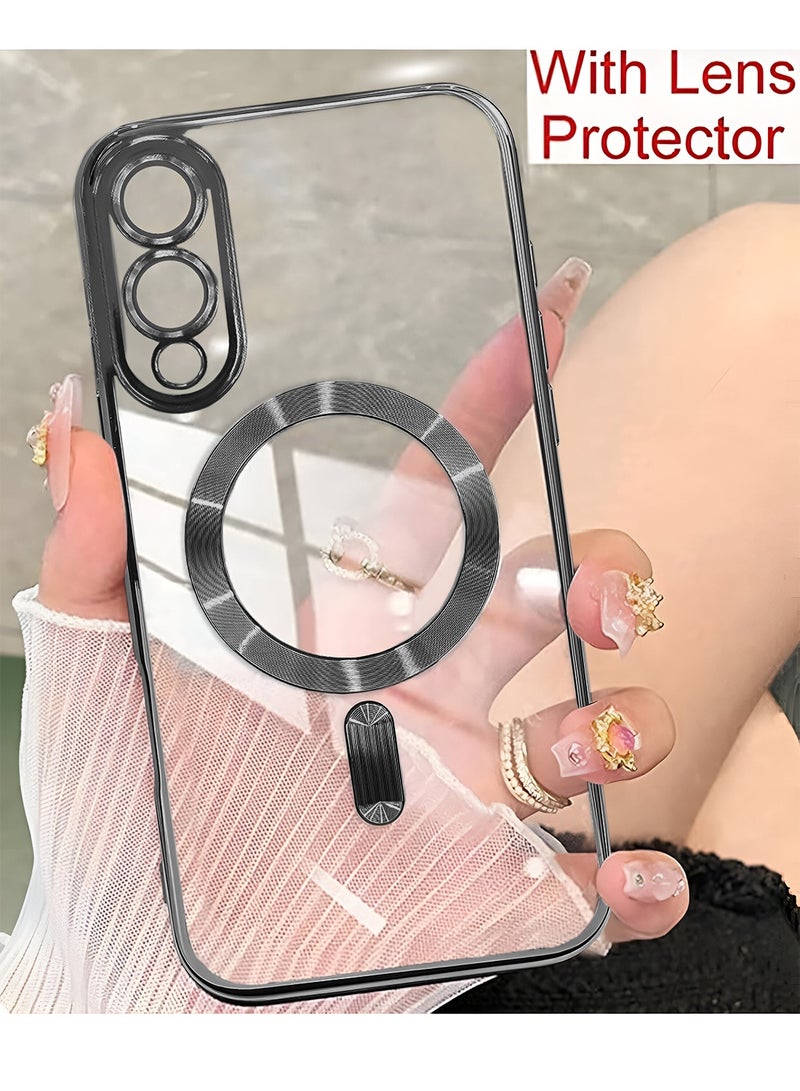 Wtech Samsung Galaxy S25 Edge 5G 2025 Magsafe PU Luxury Plating Raised Lips Camera Hole With Camera Lens Protection Case Cover - Clear/Black - Image 5