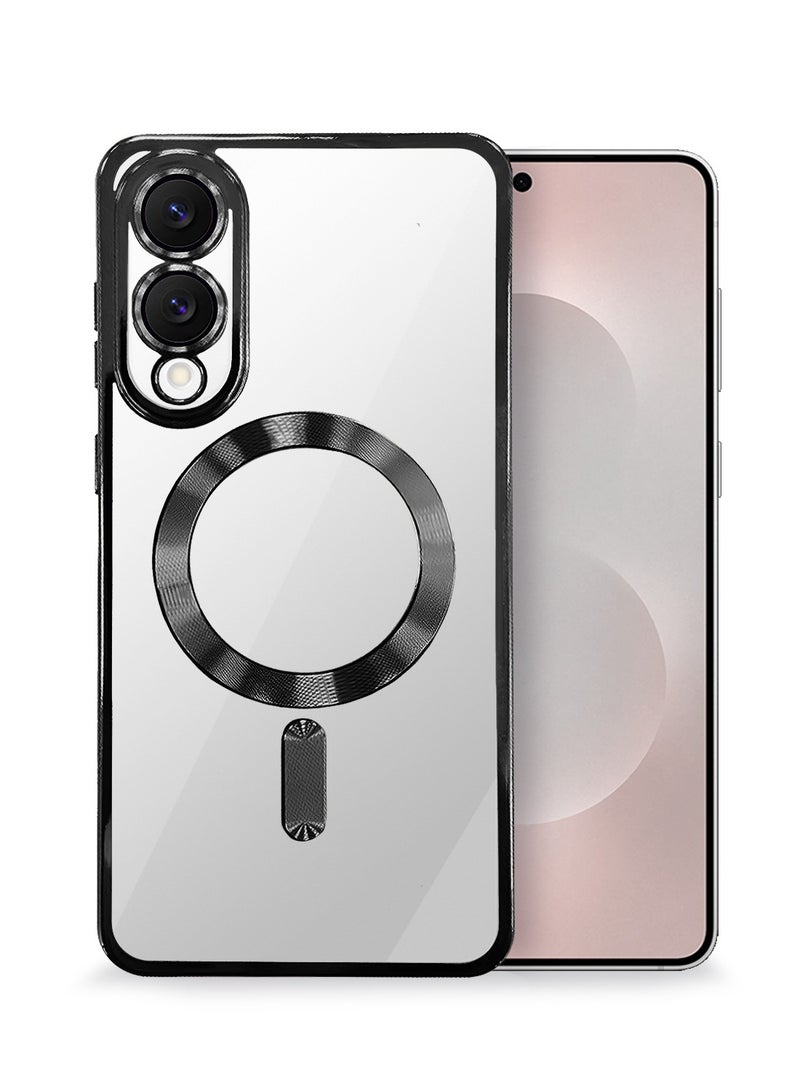 Wtech Samsung Galaxy S25 Edge 5G 2025 Magsafe PU Luxury Plating Raised Lips Camera Hole With Camera Lens Protection Case Cover - Clear/Black - Image 1