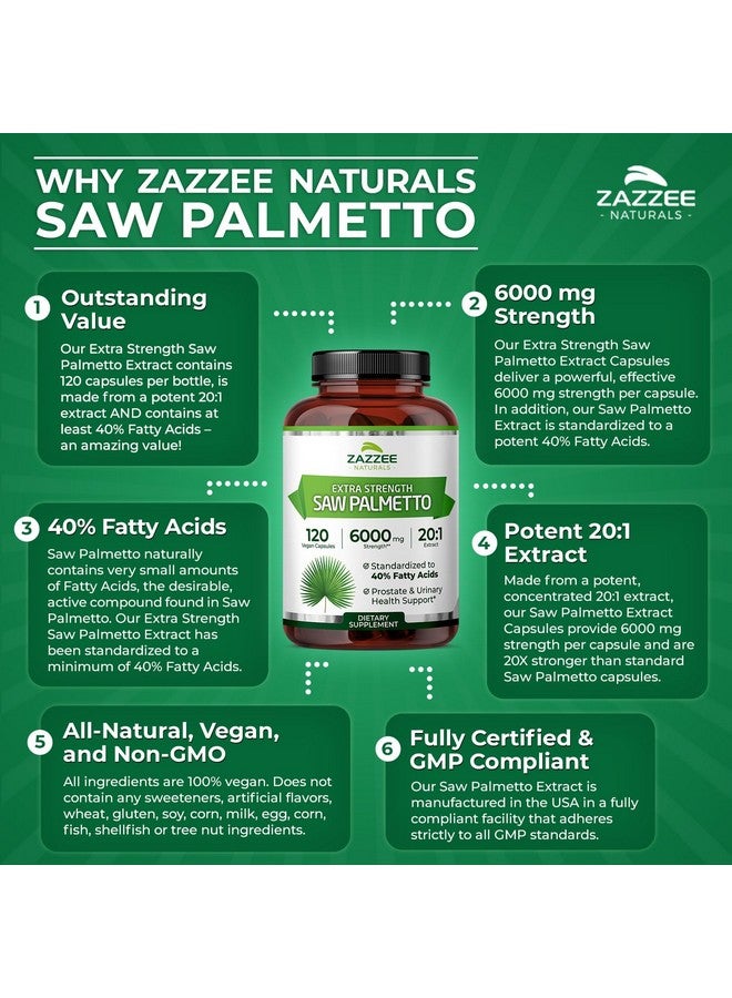Zazzee Extra Strength Saw Palmetto 20:1 Extract, 6000 mg Strength, 40% Fatty Acids, 120 Vegan Capsules, 4 Month Supply, Concentrated and Standardized 20X Extract, Non-GMO, All-Natural, Made in the USA - Image 5