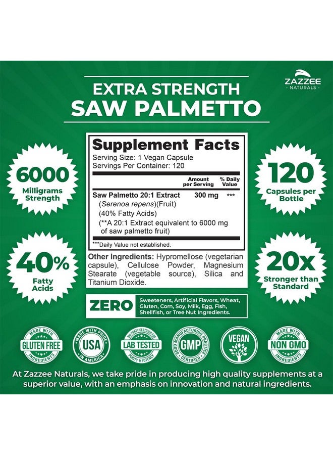 Zazzee Extra Strength Saw Palmetto 20:1 Extract, 6000 mg Strength, 40% Fatty Acids, 120 Vegan Capsules, 4 Month Supply, Concentrated and Standardized 20X Extract, Non-GMO, All-Natural, Made in the USA - Image 2