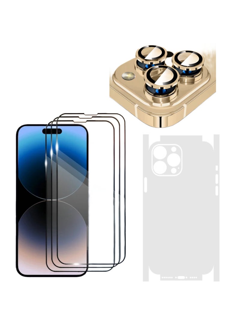 DIGI CORE iPhone Full Coverage Set iPhone 14 Pro Max Screen Protector 3 Pack 6.7 Inch 2.5D Curved Edges With iPhone Camera Lens And Anti-Scratch iPhone Back PVC Clear Sheet (iPhone 14 Pro Max,Gold) - Image 1