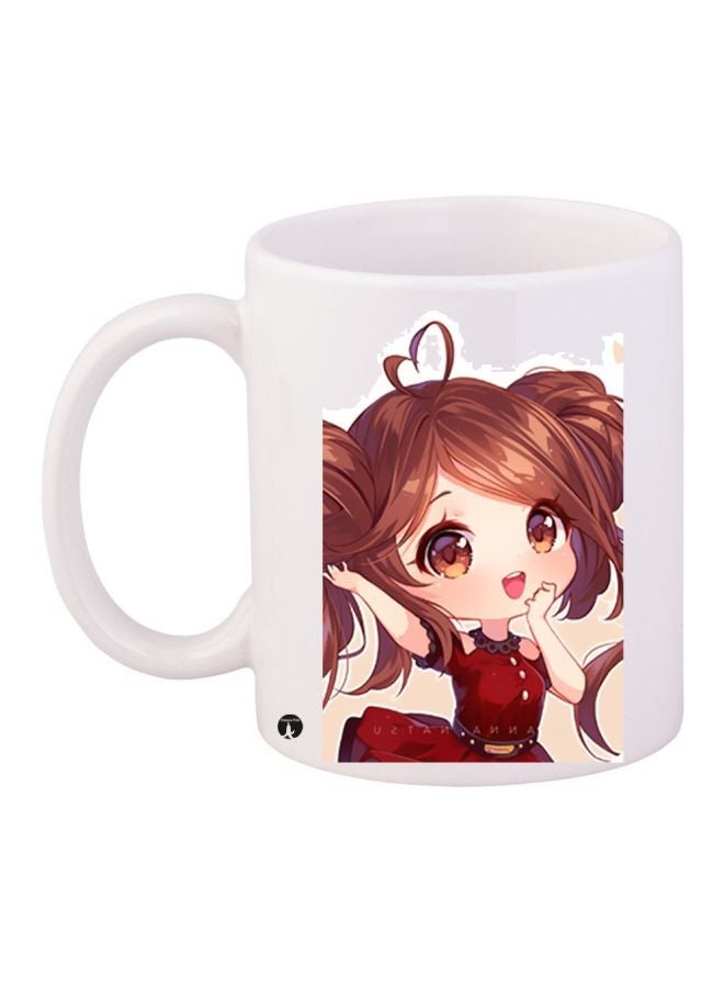 RYN Anime Girl Printed Coffee Mug White/Brown/Red 11ounce