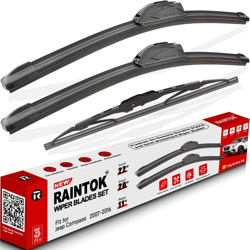 RAINTOK Windshield Wiper Blade Set Replacement for 20072016 Jeep Compass Original Equipment Replacement Front Rear Wiper Blades222011 Set of 3 UJ Hook