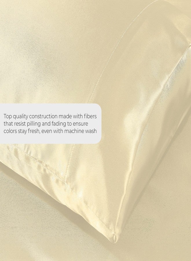 Pure Bedding ملاءات سرير من الساتان الفاخر من بيور بيدينج، مقاس كينج [4 قطع، لون عاجي]، ملاءات فاخرة ناعمة كالحرير، مصنوعة من ألياف دقيقة 1800، مقاومة للتجاعيد والبهتان والبقع - ملاءة مثبتة بجيب عميق، ملاءة مسطحة، أغطية وسائد - Image 3