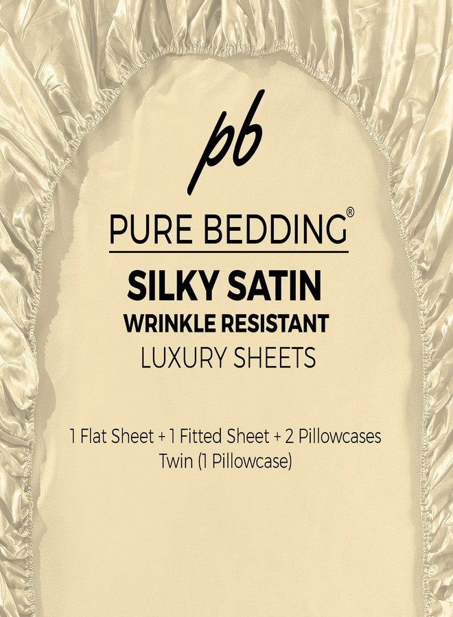 Pure Bedding ملاءات سرير من الساتان الفاخر من بيور بيدينج، مقاس كينج [4 قطع، لون عاجي]، ملاءات فاخرة ناعمة كالحرير، مصنوعة من ألياف دقيقة 1800، مقاومة للتجاعيد والبهتان والبقع - ملاءة مثبتة بجيب عميق، ملاءة مسطحة، أغطية وسائد - Image 5