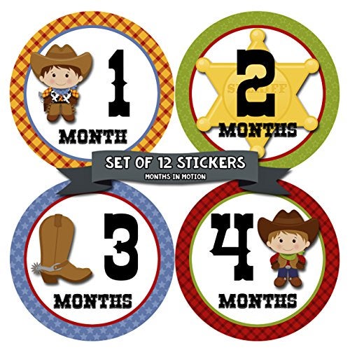 Months In Motion Baby Monthly Stickers | Monthly Milestone Stickers | Baby Month Stickers for Boy | Cowboy Western | Style 340 - Image 1