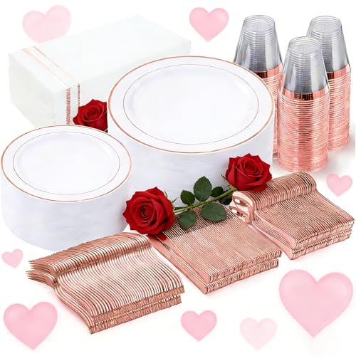 GATHER 350PCS Rose Gold Plastic Plates Disposable Rose Gold Dinnerware Sets Includes 100 Gold Rimmed Plastic Plates 150 Silverware 50 Napkins 50 Cups for Party Wedding Valentines Day - Image 2
