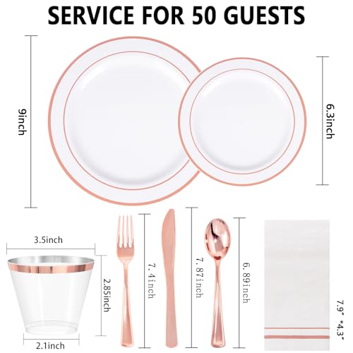 GATHER 350PCS Rose Gold Plastic Plates Disposable Rose Gold Dinnerware Sets Includes 100 Gold Rimmed Plastic Plates 150 Silverware 50 Napkins 50 Cups for Party Wedding Valentines Day - Image 5
