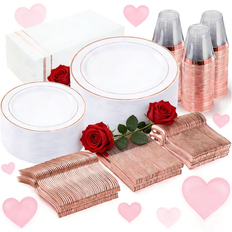 GATHER 350PCS Rose Gold Plastic Plates Disposable Rose Gold Dinnerware Sets Includes 100 Gold Rimmed Plastic Plates 150 Silverware 50 Napkins 50 Cups for Party Wedding Valentines Day - Image 3