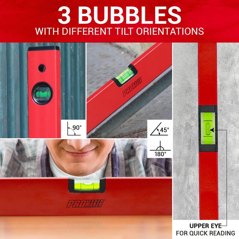 ProMaker 18 inch Level, Magnetic Level with 180° 90° 45° bubbles, Shock Resistant, Aluminum Body, Level Tool with Overhead Viewing for Comfortable read PRO-NV030 - Image 3