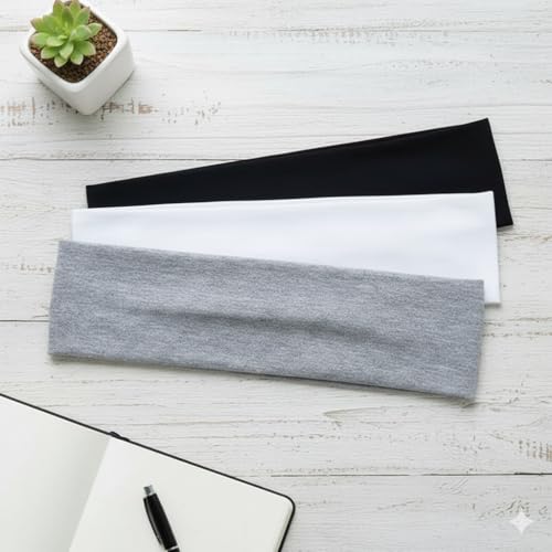 Radhu & Kabby Unisex Headbands | Black, White, Grey, Stretchable Sweatproof Non-Slip Heabands for Yoga, Gym and Everyday Wear | Pack of 3 - Image 2