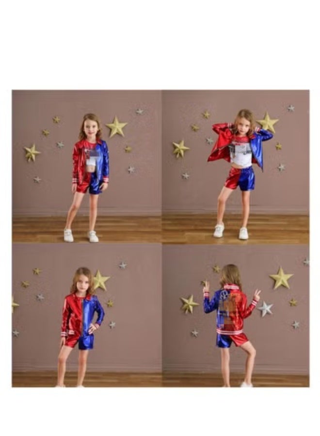 Kids Harley Quinn Costume Shiny Red Blue Split Color Performance Outfit, Zipper Baseball Jacket + Elastic Shorts Boys Girls Hip Hop Stage Dance Costume For Competition Party Show - Image 4