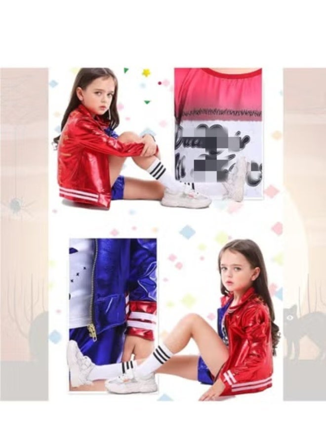 Kids Harley Quinn Costume Shiny Red Blue Split Color Performance Outfit, Zipper Baseball Jacket + Elastic Shorts Boys Girls Hip Hop Stage Dance Costume For Competition Party Show - Image 3