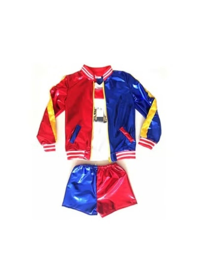 Kids Harley Quinn Costume Shiny Red Blue Split Color Performance Outfit, Zipper Baseball Jacket + Elastic Shorts Boys Girls Hip Hop Stage Dance Costume For Competition Party Show - Image 1