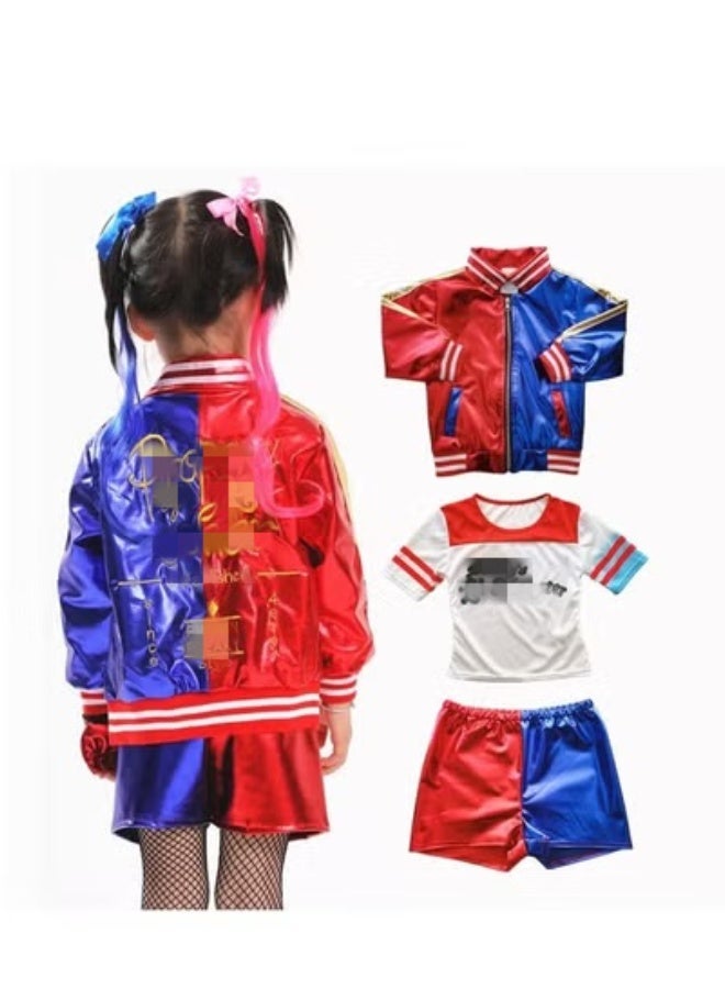 Kids Harley Quinn Costume Shiny Red Blue Split Color Performance Outfit, Zipper Baseball Jacket + Elastic Shorts Boys Girls Hip Hop Stage Dance Costume For Competition Party Show - Image 2
