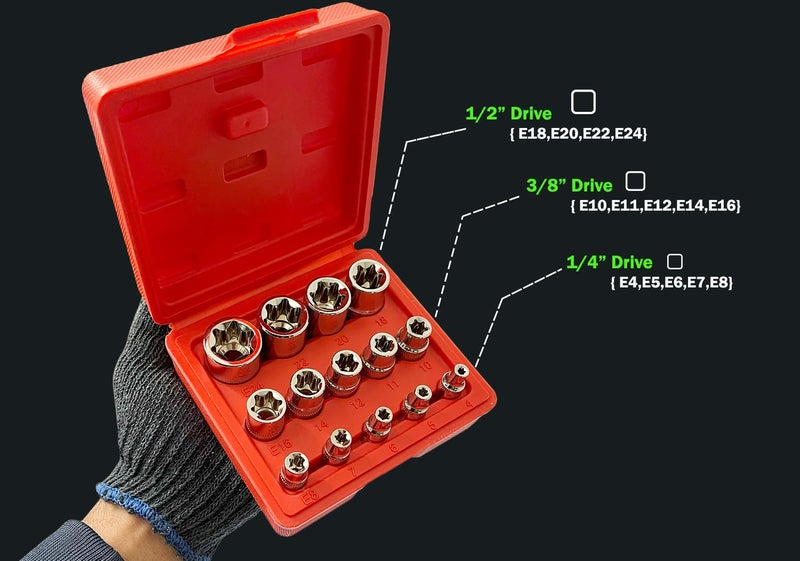 INDITRUST Chrome Vanadium Steel 14-Piece E-Torx Premium Female Torx Socket Set,Ultimate Star Socket Set,Torque Socket Set,External Torx Socket Set,E4 E5 E6 E7 E8 E10 E11 E12 E14 E16 E18 E20 E22 E24 - Image 2