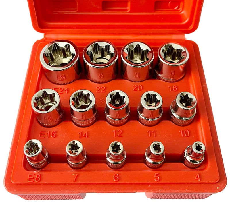 INDITRUST Chrome Vanadium Steel 14-Piece E-Torx Premium Female Torx Socket Set,Ultimate Star Socket Set,Torque Socket Set,External Torx Socket Set,E4 E5 E6 E7 E8 E10 E11 E12 E14 E16 E18 E20 E22 E24 - Image 1