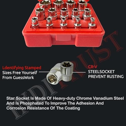 INDITRUST Chrome Vanadium Steel 14-Piece E-Torx Premium Female Torx Socket Set,Ultimate Star Socket Set,Torque Socket Set,External Torx Socket Set,E4 E5 E6 E7 E8 E10 E11 E12 E14 E16 E18 E20 E22 E24 - Image 4