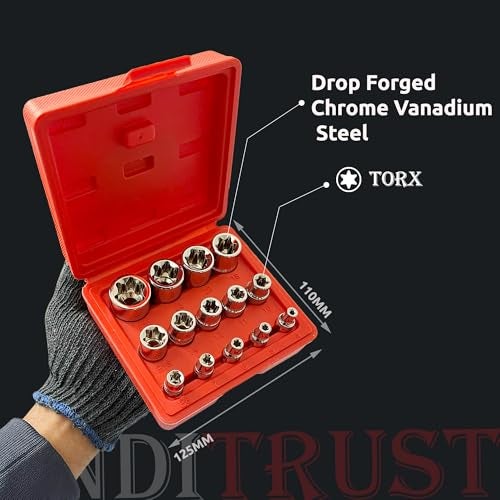 INDITRUST Chrome Vanadium Steel 14-Piece E-Torx Premium Female Torx Socket Set,Ultimate Star Socket Set,Torque Socket Set,External Torx Socket Set,E4 E5 E6 E7 E8 E10 E11 E12 E14 E16 E18 E20 E22 E24 - Image 5