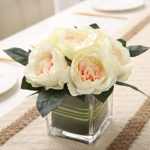 GreenHouzz Artificial Peony Silk Flower Centerpieces Faux Floral Arrangement in Glass Vase for Home Wedding Table Decoration (Champagne) - Image 1