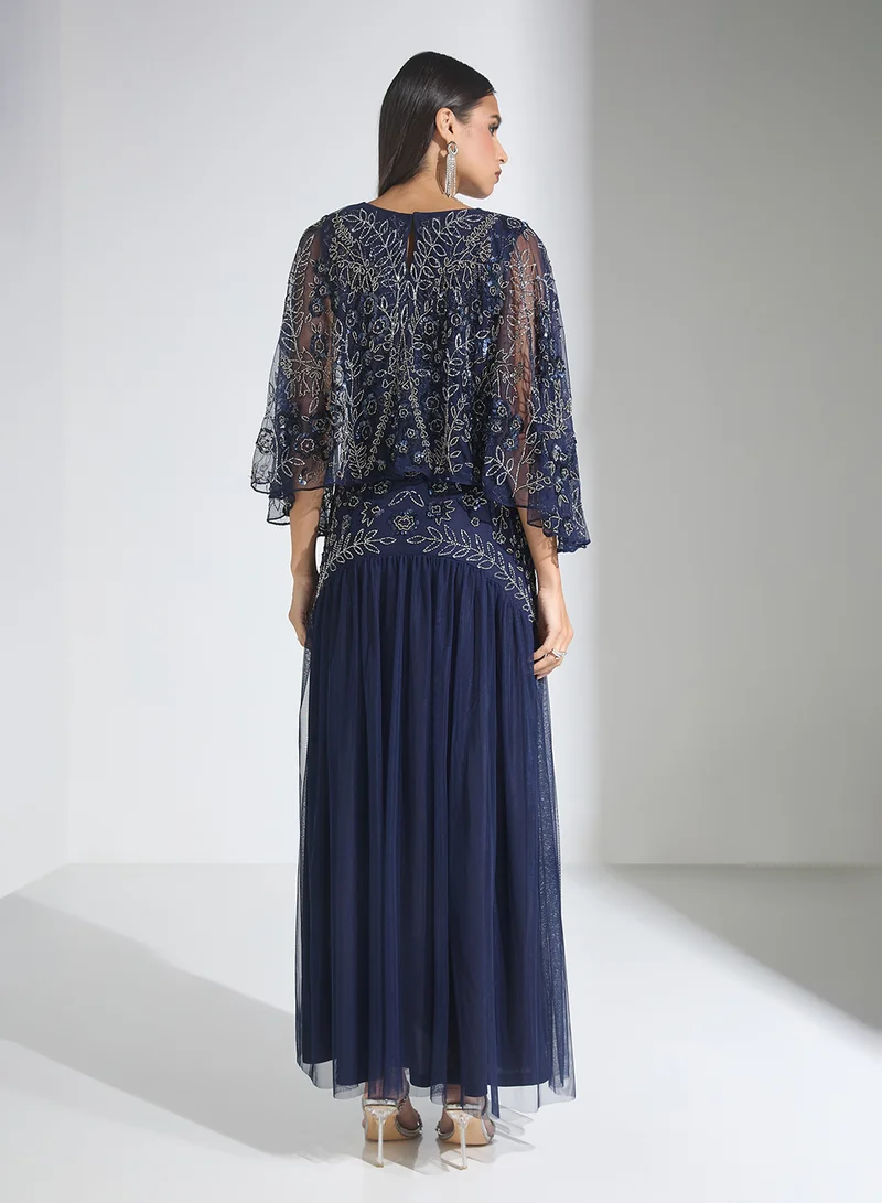 Frock and Frill Embroidered Cape Maxi Dress