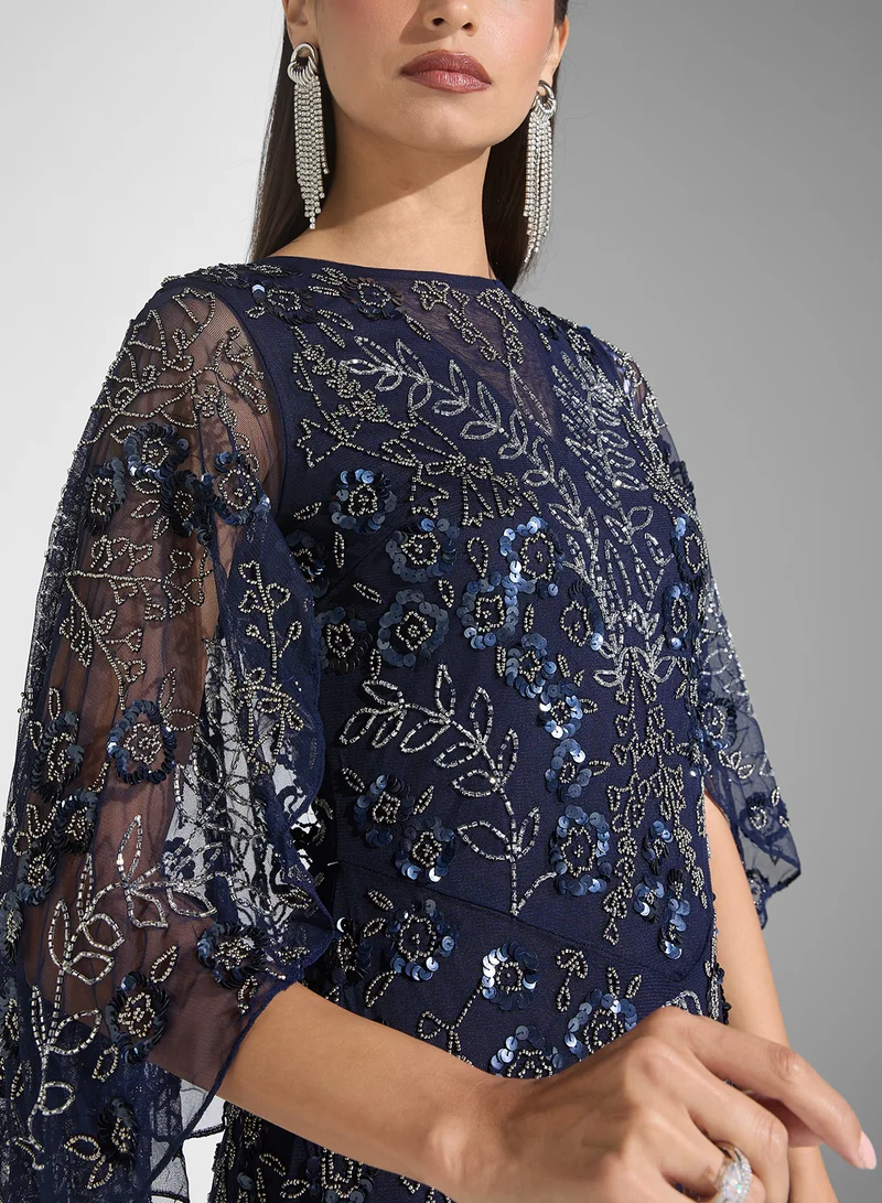 Frock and Frill Embroidered Cape Maxi Dress