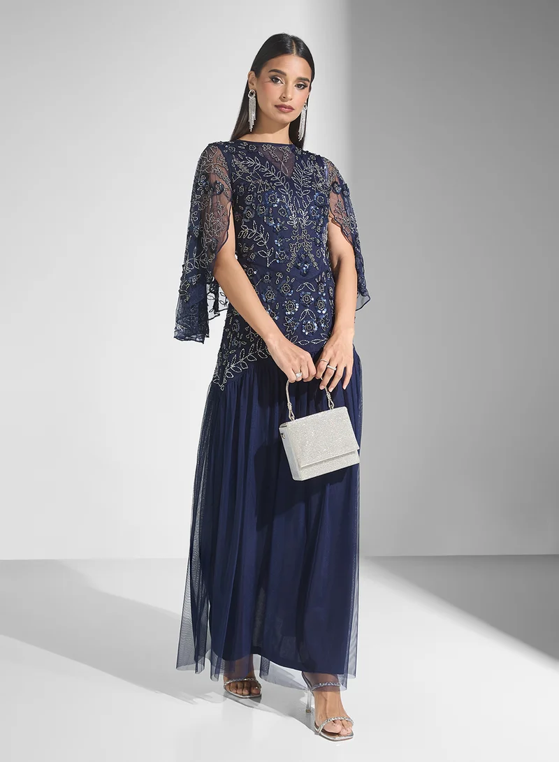 Frock and Frill Embroidered Cape Maxi Dress