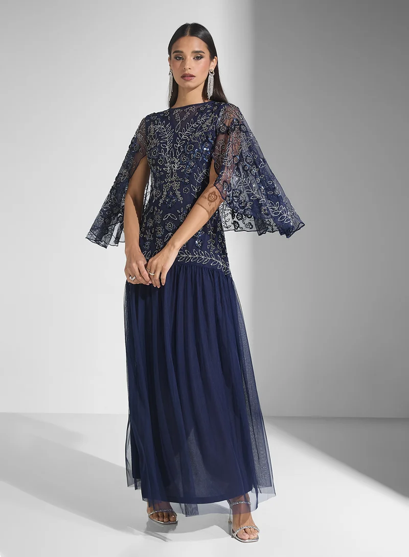 Frock and Frill Embroidered Cape Maxi Dress