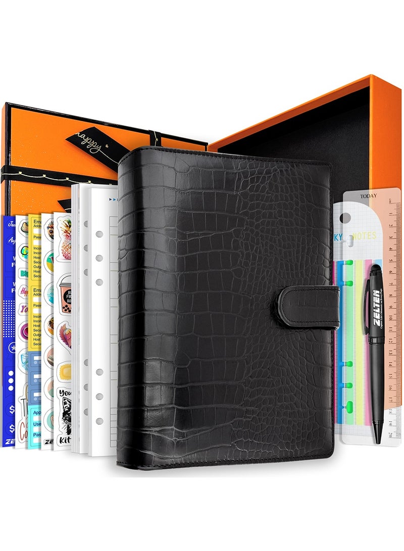 Zelten PU Leather Personal Notebook Planner with 67 Pages Loose-Leaf Papers 6 Holes Ring Binder Pen Holder Magnetic Buckle (Black Faux Crocodile Texture, A5)