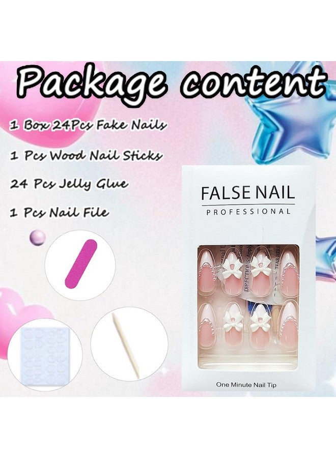 LRKNNO 24Pcs Almond Press On Nails French Tips Short Fake Nails With Cute Bow Charms Design French Press On False Nails Nude Pink Acrylic Nails Almond Shaped Artificial Nails For Women Girls Manicure Tip - Image 5