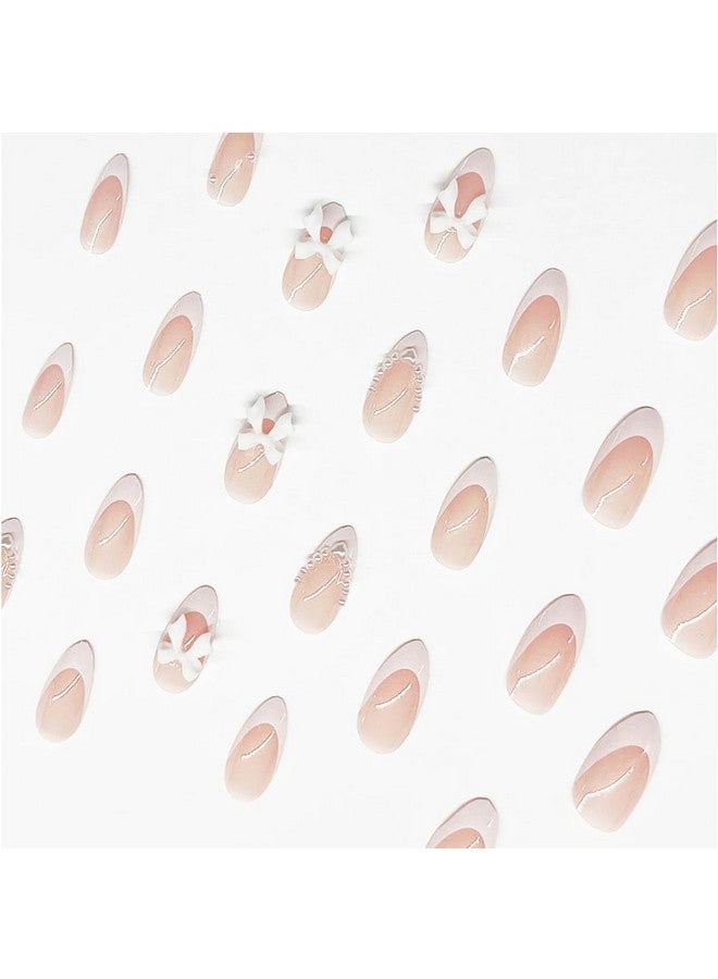 LRKNNO 24Pcs Almond Press On Nails French Tips Short Fake Nails With Cute Bow Charms Design French Press On False Nails Nude Pink Acrylic Nails Almond Shaped Artificial Nails For Women Girls Manicure Tip - Image 2